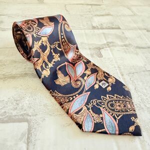 90s Balmain Paris Silk Tie Navy Gold Baroque Floral Garden Vintage Designer